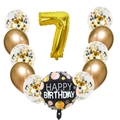Birthday party balloon set featuring gold number 7, glitter confetti and black foil balloon - Gold Number Seven Set
