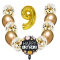 11-piece 9th birthday balloon set with gold number 9 and metallic gold confetti balloons - Gold Number Nine Set