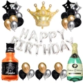 Set palloncini bottiglia di whisky nero e oro con scritta Happy Birthday e corona - Set Alfabeto Compleanno Argento Adulti
