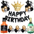 Set di palloncini Buon Compleanno oro nero con bottiglia di whisky e corona reale - Set Alfabeto Compleanno Nero Adulti