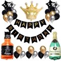 Kit palloncini bottiglia di whisky e corona d'oro con striscione Happy Birthday nero - Set Banner a Coda di Rondine Nero Adulti