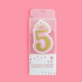 Detail of pink and gold number 5 birthday candle with crown and glitter in retail box - Number 5 (4409458047945)