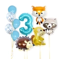 Set palloncini 3° compleanno animali della foresta con numero 3 blu e volpe lince - Animale della Foresta Blu - Numero 3
