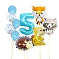 Blue number 5 balloon set with cartoon forest animal fox squirrel raccoon for boys birthday - Blue Forest Animal - Number 5