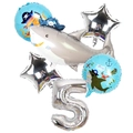 Shark Pirate theme birthday balloon set with silver number 5 and cartoon shark foil shapes - Set (Number 5)