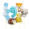 Blue number 9 balloon set with woodland fox raccoon squirrel and hedgehog foil animals - Blue Forest Animal - Number 9