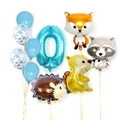 Blue number 0 forest animal balloon set with cartoon fox raccoon and hedgehog - Blue Forest Animal - Number 0