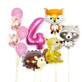 Pink 4th birthday balloon set with fox raccoon squirrel and hedgehog forest animal foil balloons - Pink Forest Animal - Number 4