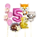 Pink woodland animal 5th birthday balloon set with fox squirrel and hedgehog shapes - Pink Forest Animal - Number 5