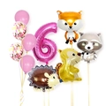 Pink number 6 balloon set with cute forest animals fox raccoon for girl 6th birthday - Pink Forest Animal - Number 6