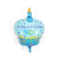 Globo de cupcake azul con texto 'first birthday BOY' y vela para primer cumpleaños - Gran Pastel de Velas Azules de Primer Cumpleaños