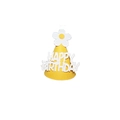 Yellow birthday party cone hat with smiling daisy flower and Happy Birthday lettering - Yellow Daisy Birthday Hat