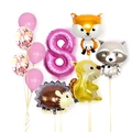 Pink woodland animal balloon set for 8th birthday party with fox raccoon and squirrel - Pink Forest Animal - Number 8