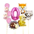 Pink number 0 balloon set with cute forest animals fox raccoon squirrel hedgehog - Pink Forest Animal - Number 0