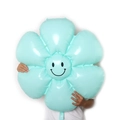 Light blue flower foil balloon with a black smiley face for party and event decor - Large Macaron Blue Smiling Daisy
