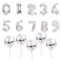Silver number balloons 0-9 set with silver confetti latex balloons for party decoration - Silver