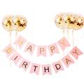 Striscione rosa Happy Birthday con lettere oro e cinque palloncini con coriandoli - Striscione Rosa Coda di Rondine + Palloncini Confetti Oro
