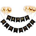 Striscione Happy Birthday nero e oro con palloncini di coriandoli dorati per feste - Striscione Nero Coda di Rondine + Palloncini Confetti Oro