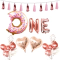 Rose gold ONE birthday decoration set with donut balloon and tassels for girls - Donut First Birthday Decoration