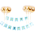 Set di striscioni Happy Birthday azzurro con cinque palloncini di coriandoli dorati - Striscione Blu Coda di Rondine + Palloncini Confetti Oro