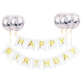 Striscione Happy Birthday bianco e oro con set di palloncini in lattice con coriandoli - Striscione Bianco Coda di Rondine + Palloncini Confetti Argento