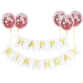 Striscione Happy Birthday in oro con palloncini con coriandoli paillettes oro rosa - Striscione Bianco Coda di Rondine + Palloncini Confetti Rosa