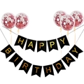 Striscione Happy Birthday nero e oro con palloncini coriandoli rosa per feste - Striscione Nero Coda di Rondine + Palloncini Confetti Rosa