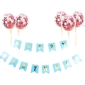 Striscione Happy Birthday azzurro a coda di rondine con cinque palloncini con coriandoli rosa - Striscione Blu Coda di Rondine + Palloncini Confetti Rosa