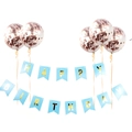 Striscione Happy Birthday blu cielo con lettere dorate e palloncini con paillettes - Striscione Blu Coda di Rondine + Palloncini Confetti Oro Rosa