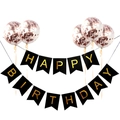 Striscione Happy Birthday nero e oro con palloncini in lattice con paillettes oro rosa - Striscione Nero Coda di Rondine + Palloncini Confetti Oro Rosa