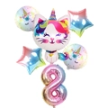 Kit de ballons licorne chat arc-en-ciel avec chiffre 8 pour déco d'anniversaire 8 ans - 6pcs Paquet Chat Licorne 8