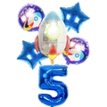 Space birthday balloon set featuring blue number 5 with rocket and star balloons - Rocket Set Number 5