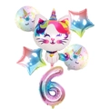 Kit ballon chiffre 6 dégradé arc-en-ciel avec chat licorne et étoiles de fête - 6pcs Paquet Chat Licorne 6