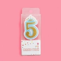 Sparkling gold glitter number 5 birthday candle with blue trim and crown on pink background - Number 5 (4409458047955)