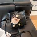 Black woven bucket bag with wood buckle and cute sheep charm for casual daily wear - With Pendant / Black