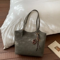 Vintage large dark green tote bag with white stitching and adjustable shoulder straps - With Pendant / Green