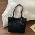 Vintage black leather tote bag with contrast stitching and unique abacus pendant detail - With Pendant / Black