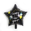 Star-shaped black foil balloon with Happy New Year text and colorful star patterns - 18-Inch Black Star with New Year Hat Design