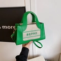 Green leather and canvas crossbody bag with letter embroidery and wide top handle - Green