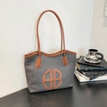Retro grey woven tote bag with brown leather trim and large AB logo decoration - Black