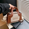 Brown leather and beige canvas small square crossbody bag with embroidered letter print - Brown