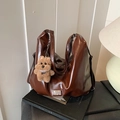 Brown polished PU leather hobo bag with large capacity and cute plush bear charm - With Pendant / Brown