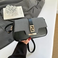 Sac à bandoulière rétro français avec tissu gris et boucle dorée géométrique - Noir