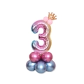 Palloncino numero 3 arcobaleno da 32 pollici con corona e supporto base colorato - Sfumato Rosa Numero 3 (SZLY-02)