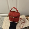 Brick red quilted tweed vanity case bag with gold chain strap and top handle - Red