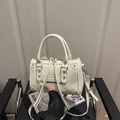 Creamy white leather motorcycle boston bag with silver rivets and tassels - White