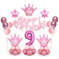 Pink crown number 9 birthday balloon set with stars and Happy Birthday foil banners - Pink Crown Column Number 9 Style