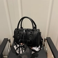 Vintage black leather motorcycle boston bag with silver studs and long tassels - Black