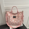 Pink floral canvas tote bag with shoulder strap and large capacity design - Pink