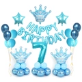 Blue 7th birthday balloon set with crown, stars and Happy Birthday lettering banner - Blue Crown Column Number 7 Style